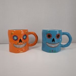 Sugar Skull coffee mugs, blue and orange, day of the dead, Halloween, both mugs